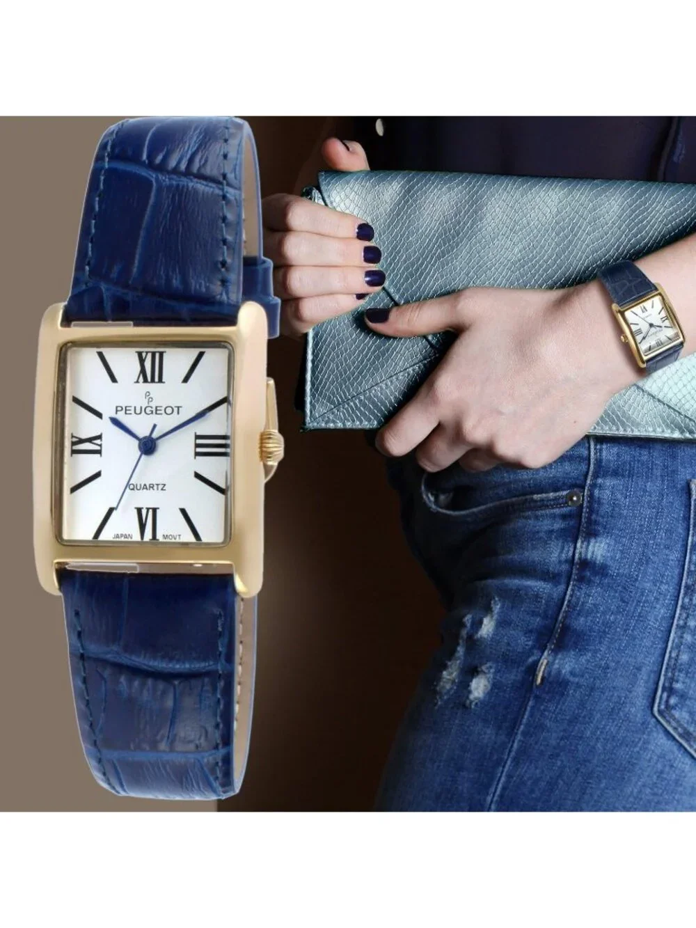 Women's Gold/Blue Leather Strap Roman Numerals Dial Classic Dress Wrist Watches